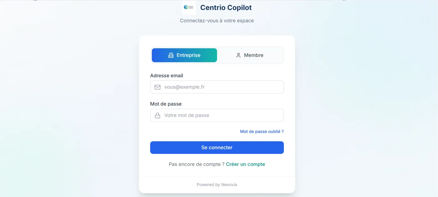 Centrio Copilot — Connexion entreprise. Les données confidentielles sont masquées.