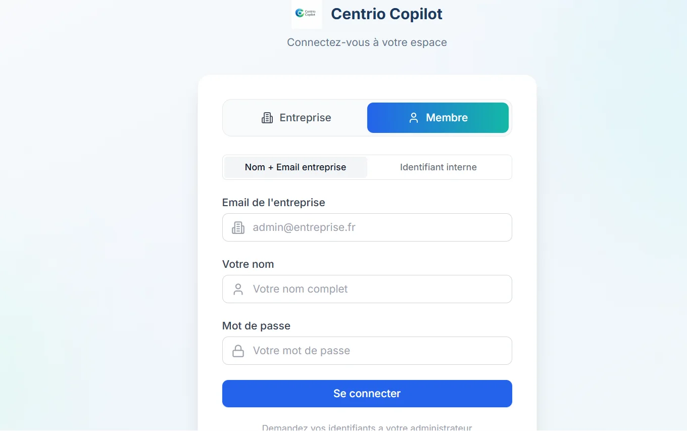 Centrio Copilot — Connexion membre. Les données confidentielles sont masquées.