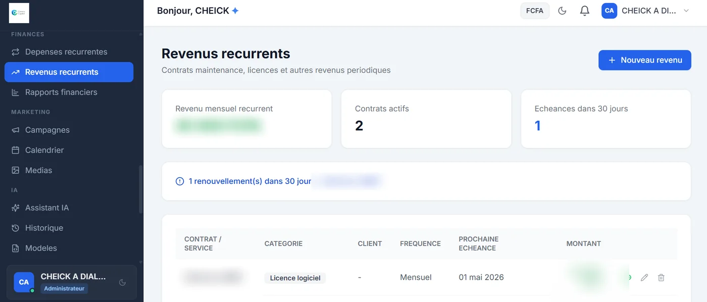 Centrio Copilot — Contrats et revenus récurrents. Les données confidentielles sont masquées.