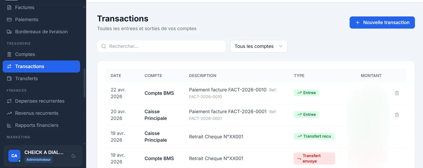 Centrio Copilot — Entrées et sorties de caisse. Les données confidentielles sont masquées.